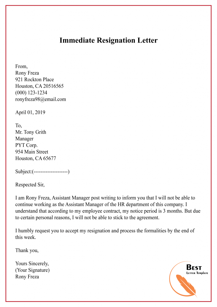 Employer 1 Month Notice Resignation Letter Template