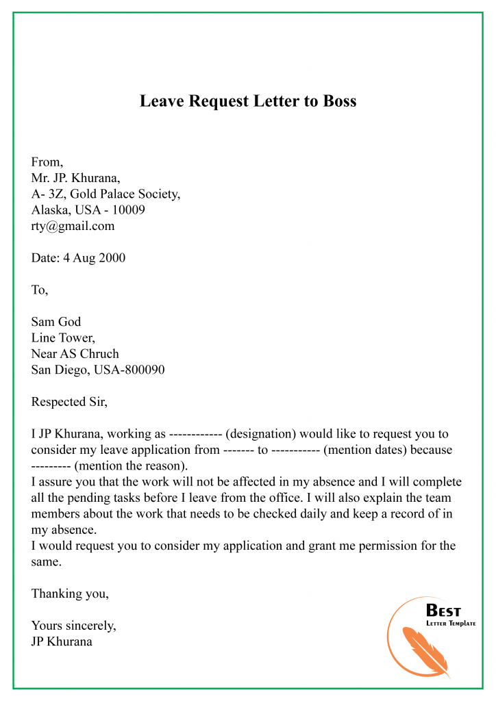 hotel leave application letter