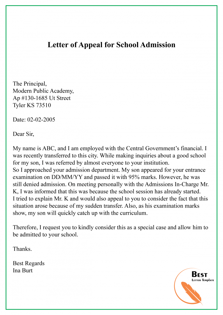 Appeal Admission Decision Sample Letter