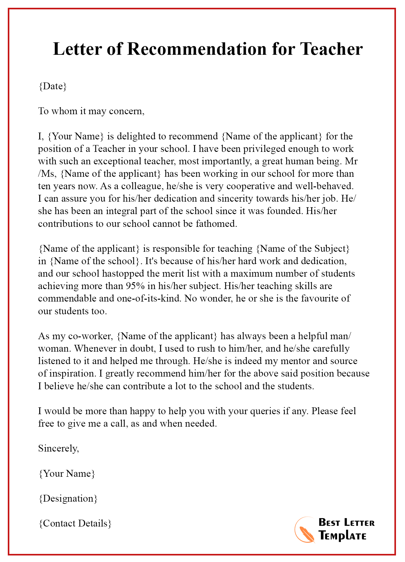 teacher recommendation letter resume