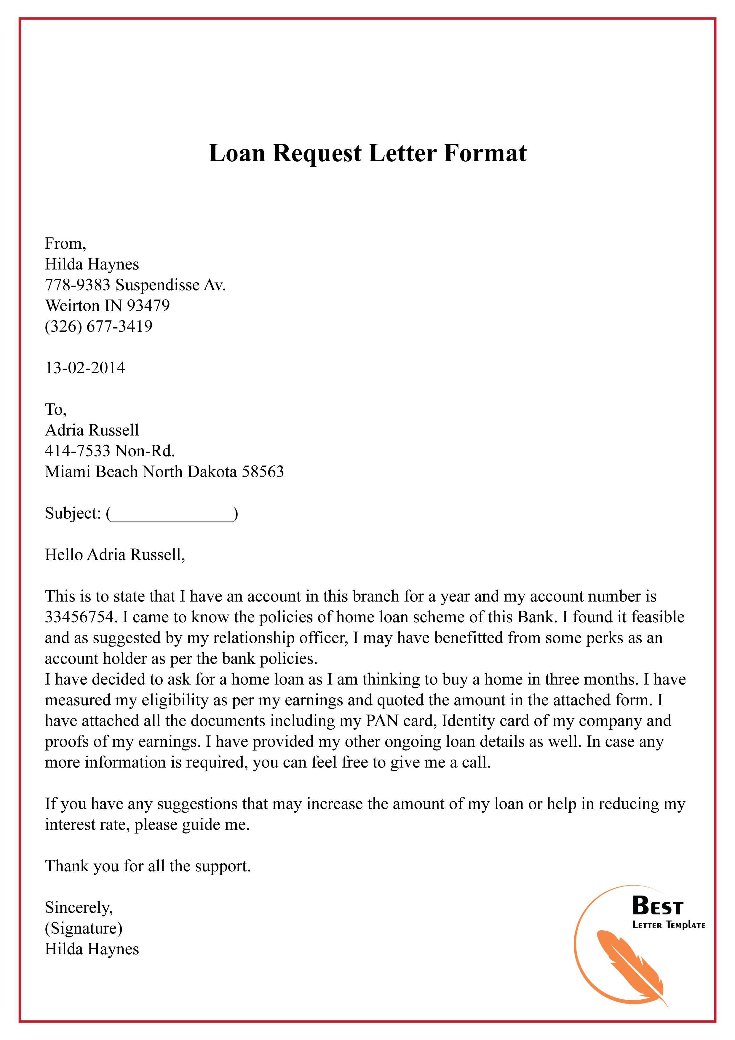 loan application letter to hr
