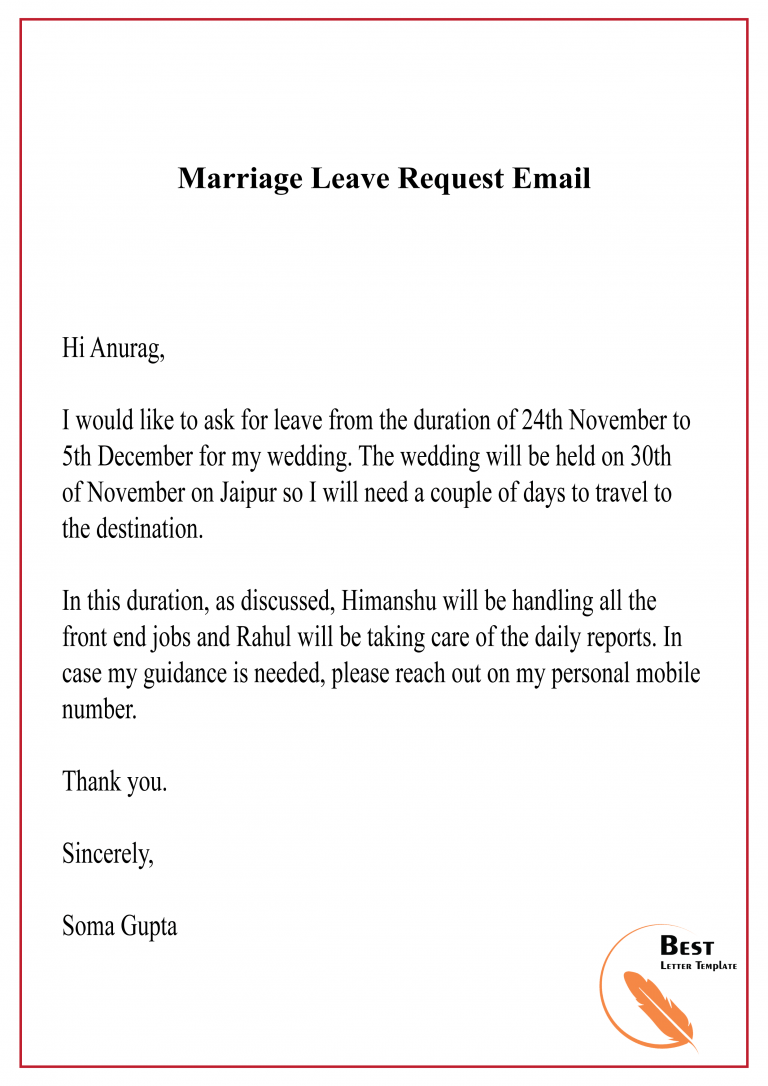 leave application letter for office for wedding