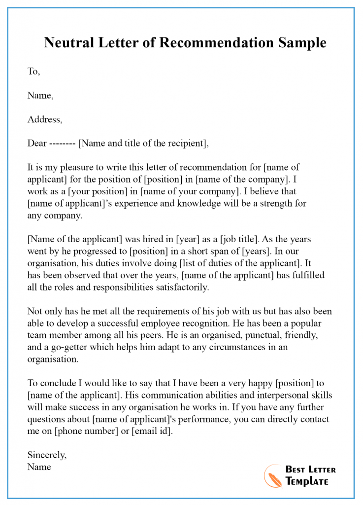 12 Free Recommendation Letter Sample Example