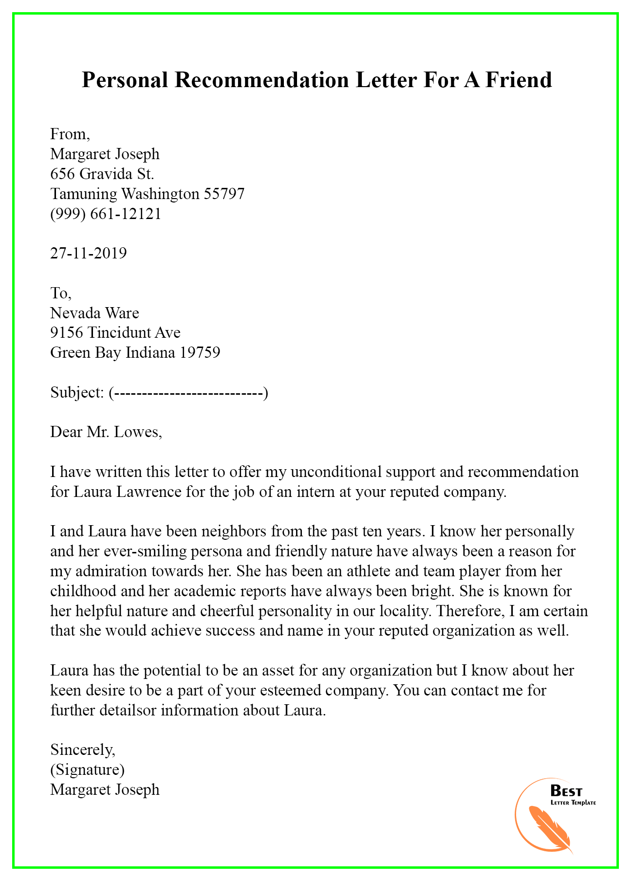 Personal Recommendation Letter Template For Your Needs