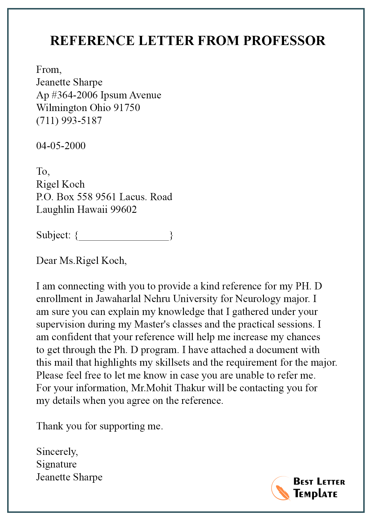 Letter Of Recommendation Professor from bestlettertemplate.com