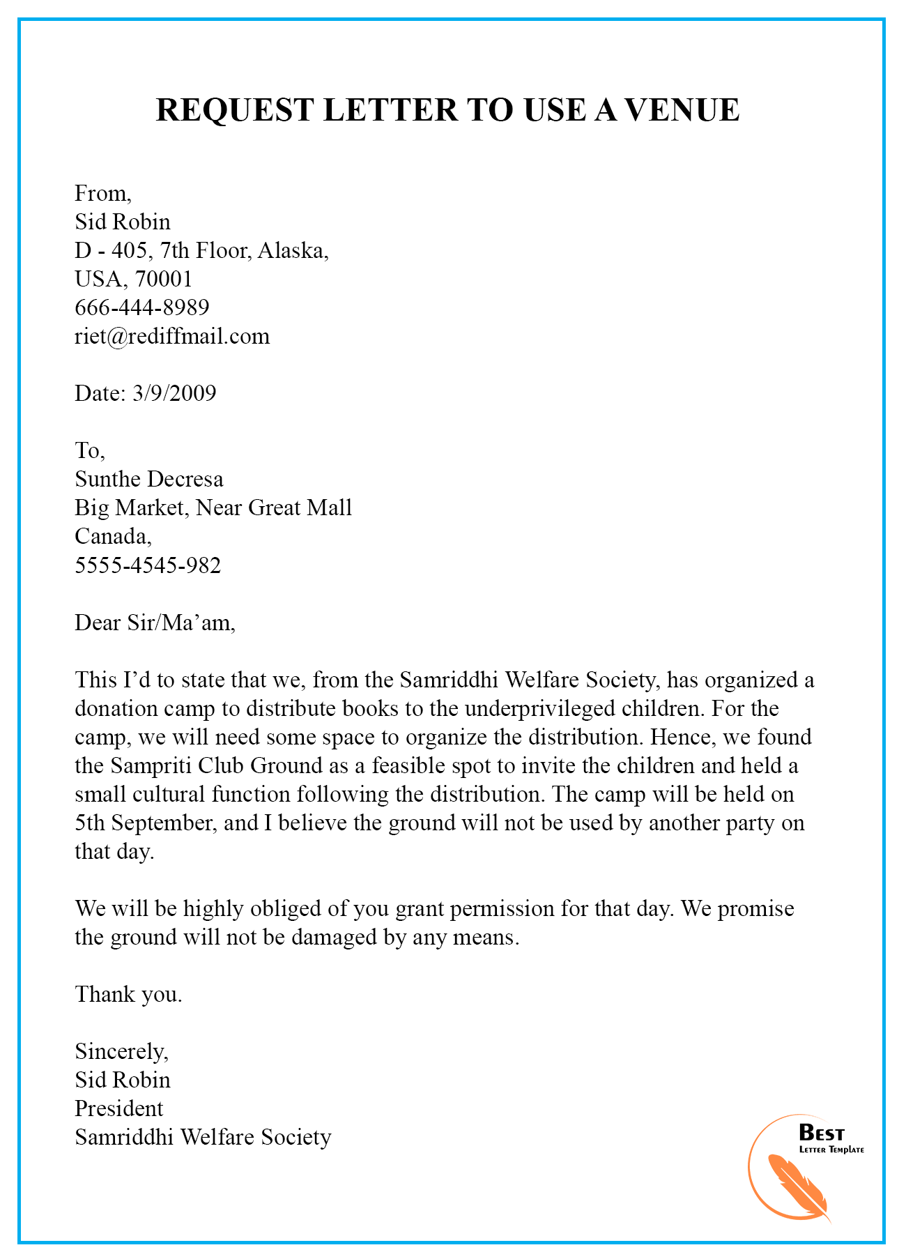 REQUEST LETTER FOR PERMISSION TO USE A VENUE