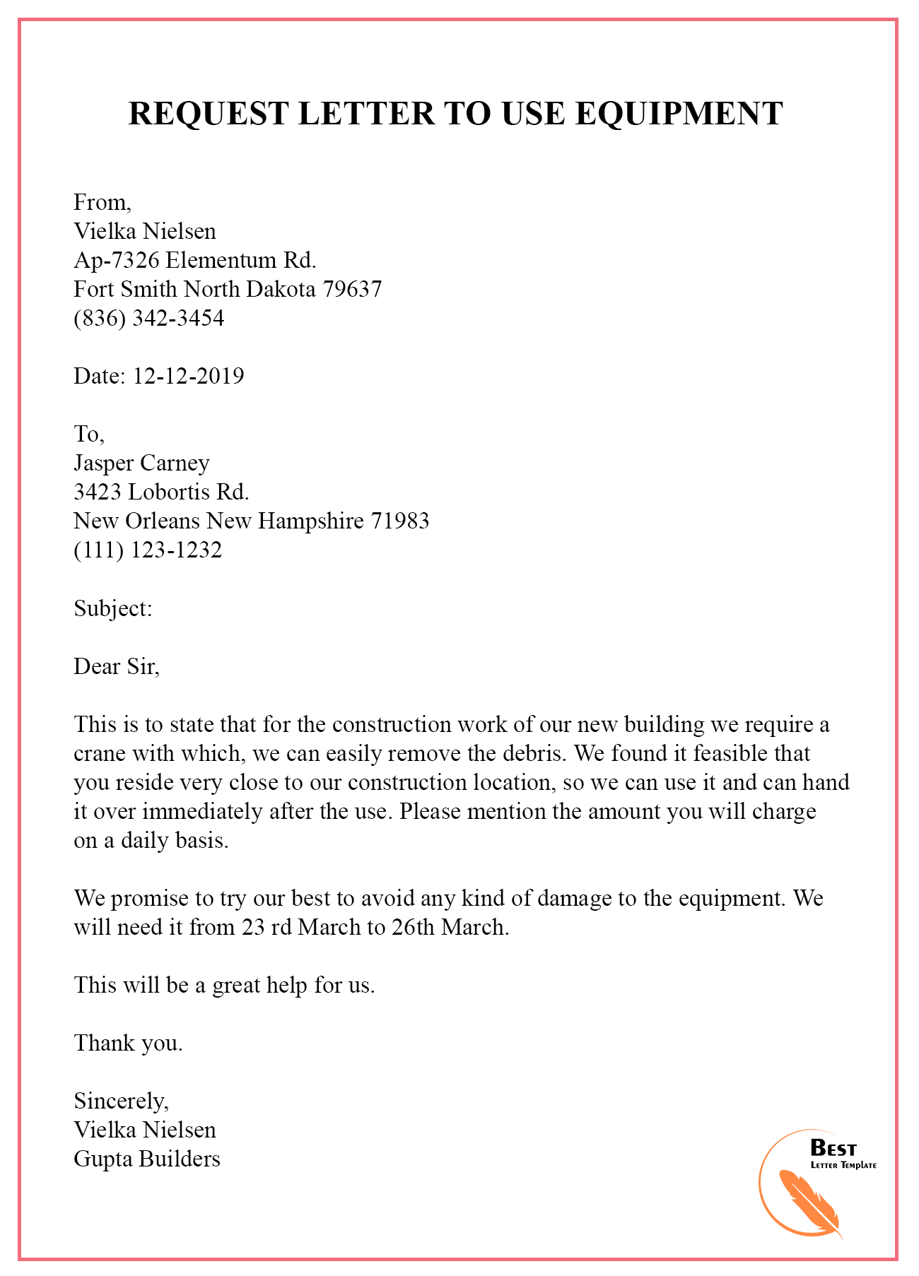REQUEST LETTER FOR PERMISSION TO USE EQUIPMENT