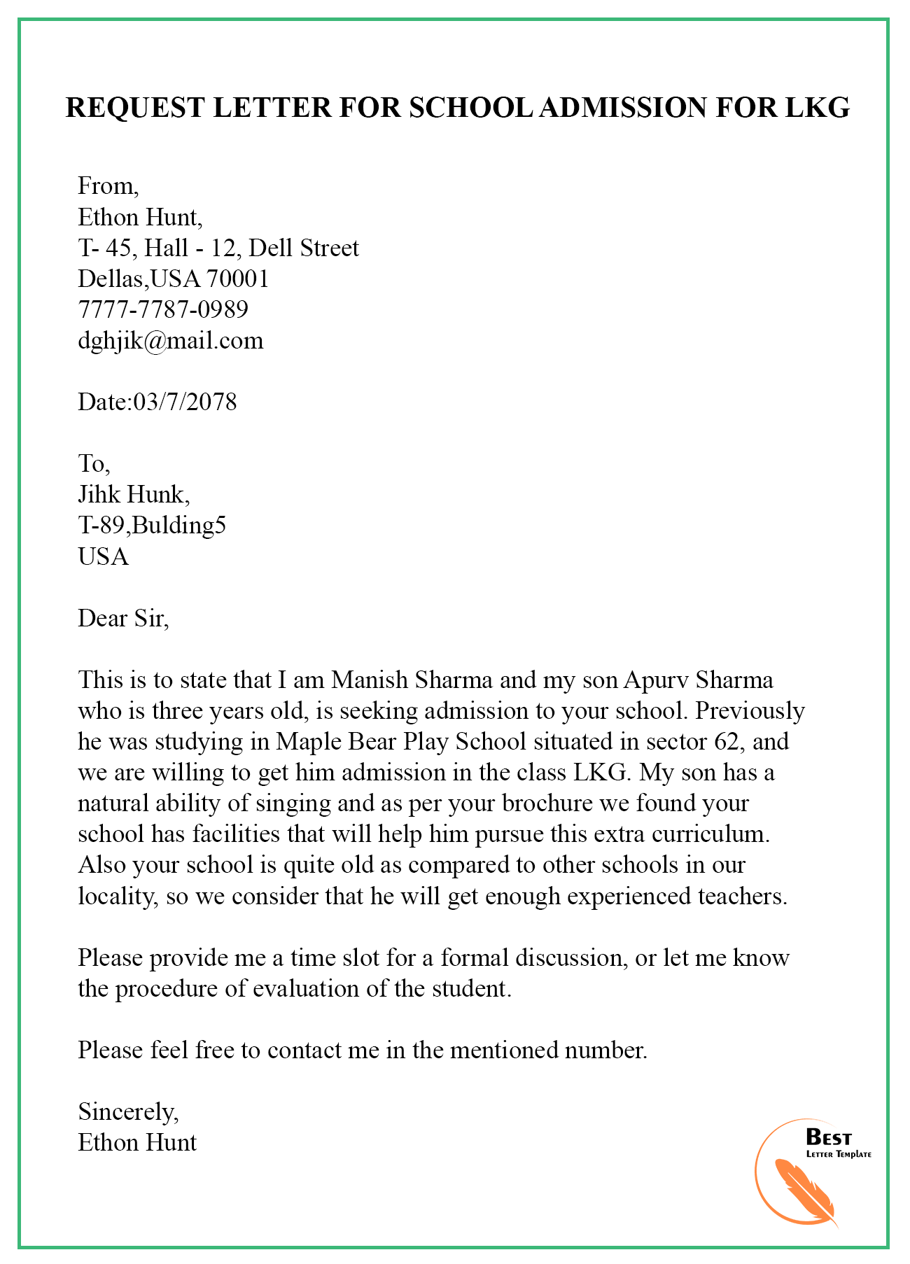 application letter of school admission
