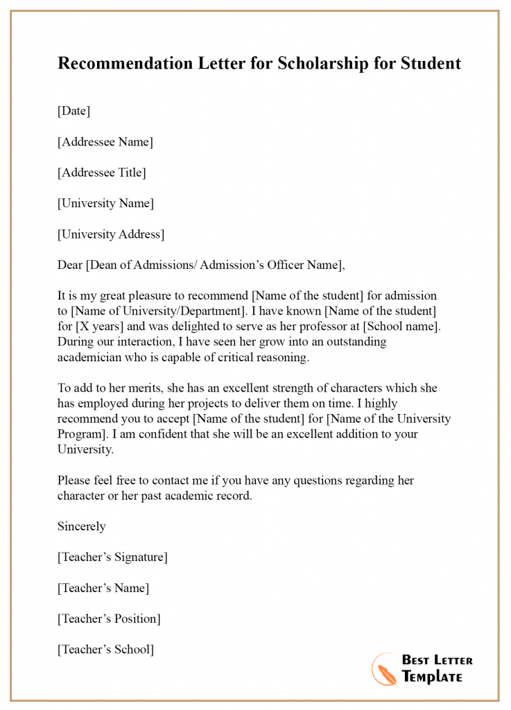 Recommendation Letter for Scholarship for Student