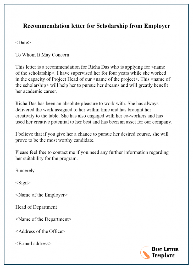 Employer Recommendation Letter For College from bestlettertemplate.com