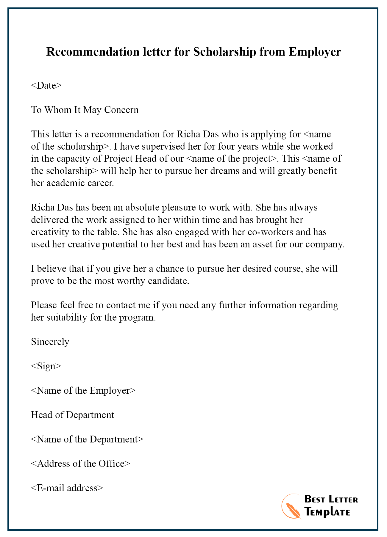 Recommendation letter for Scholarship from Employer Best Letter Template