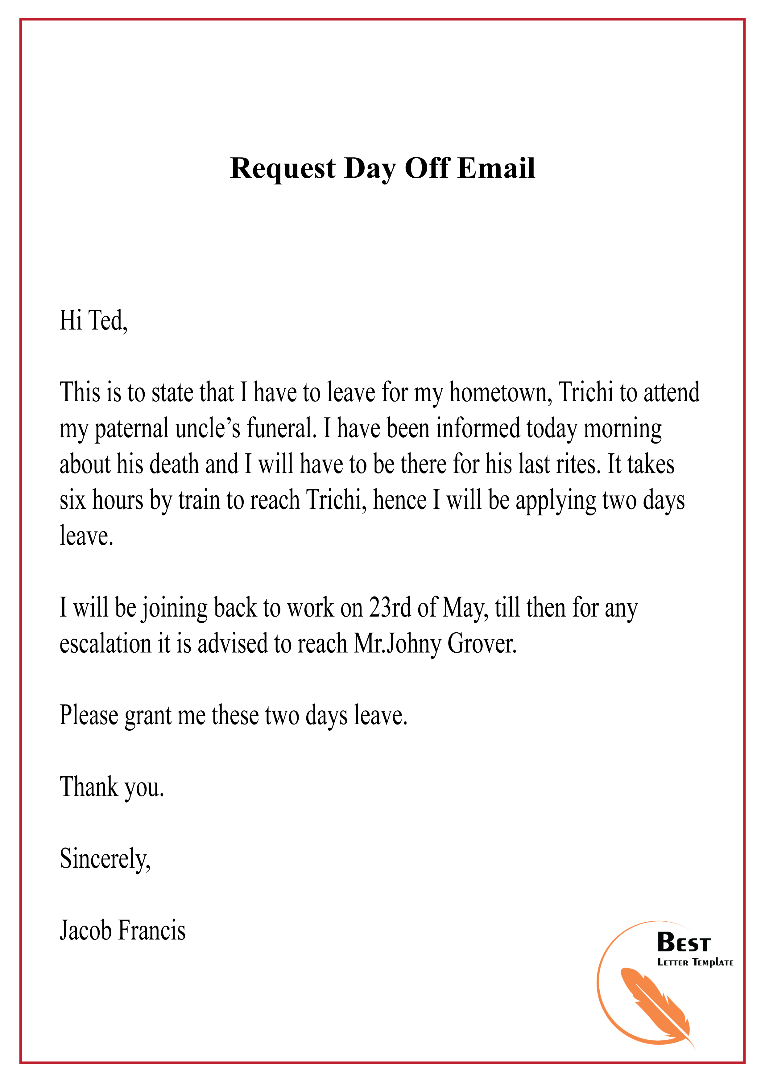 Request Day Off Email01 Best Letter Template