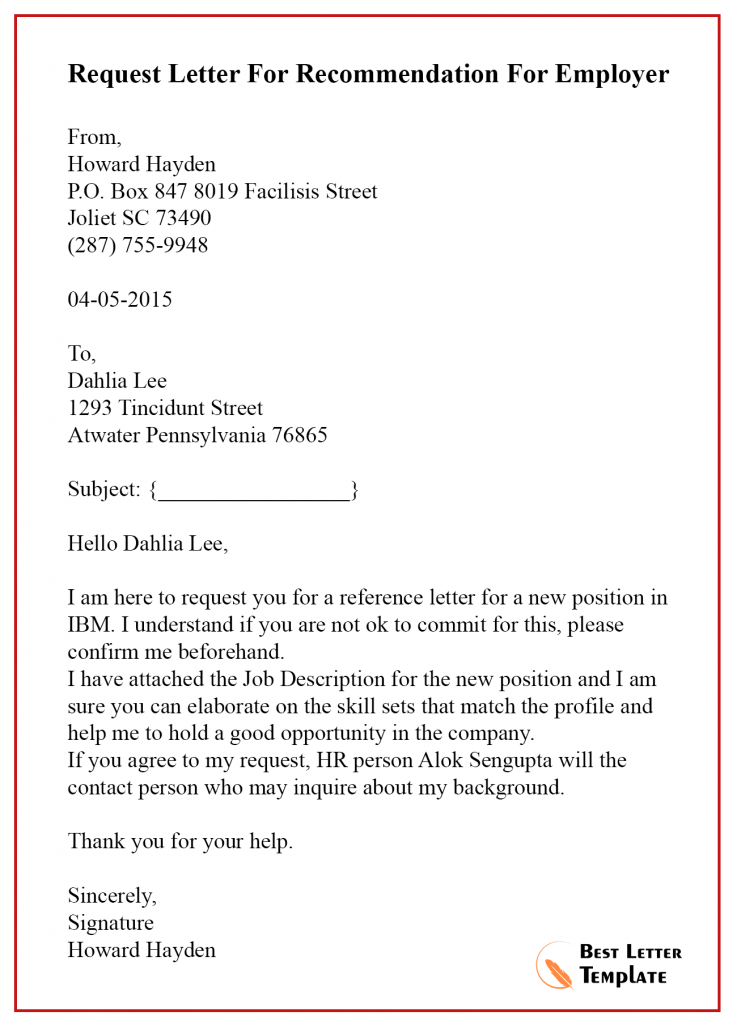 Request Letter Template For Recommendation Sample And Example 1275