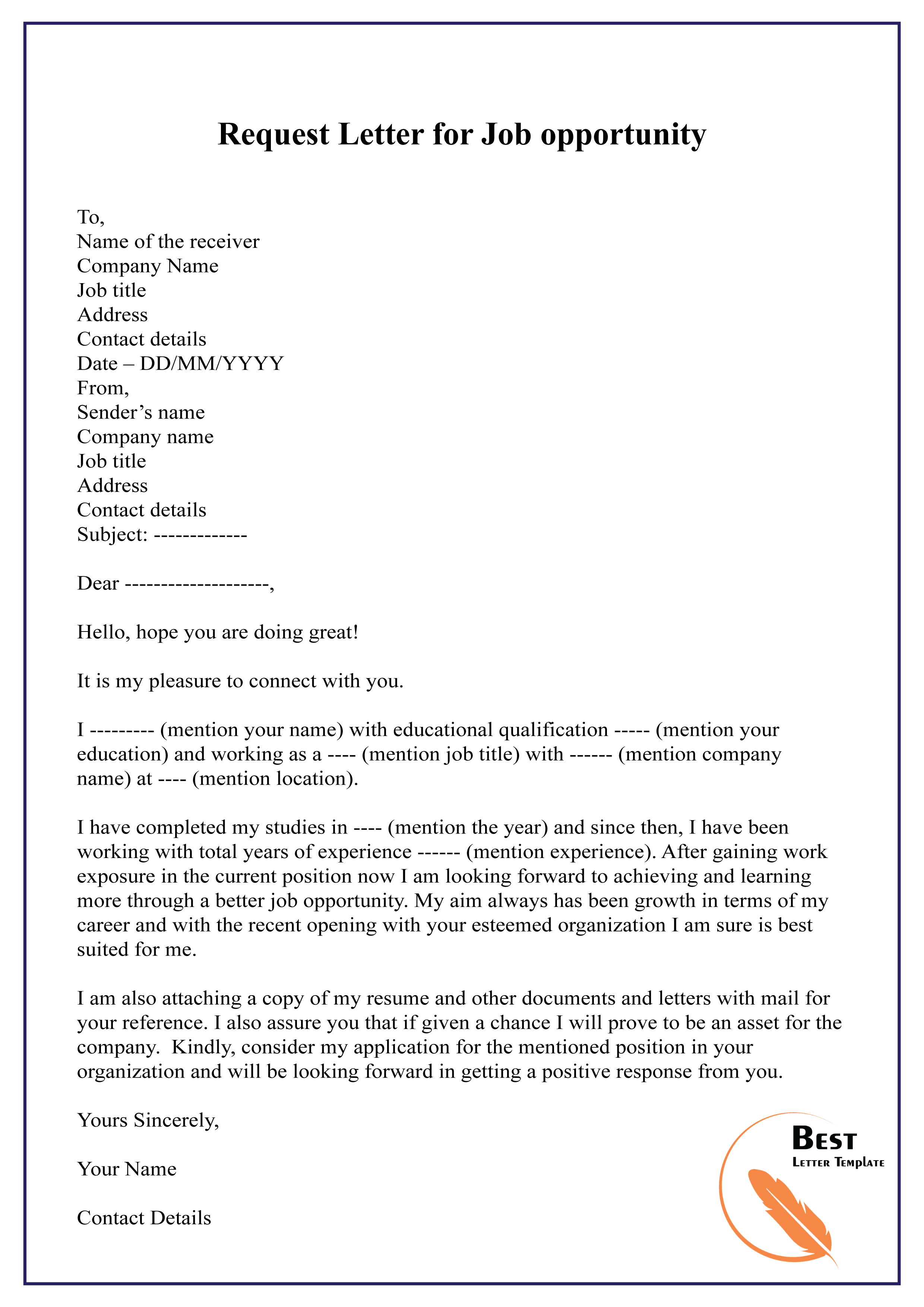 Job opportunities letter sample