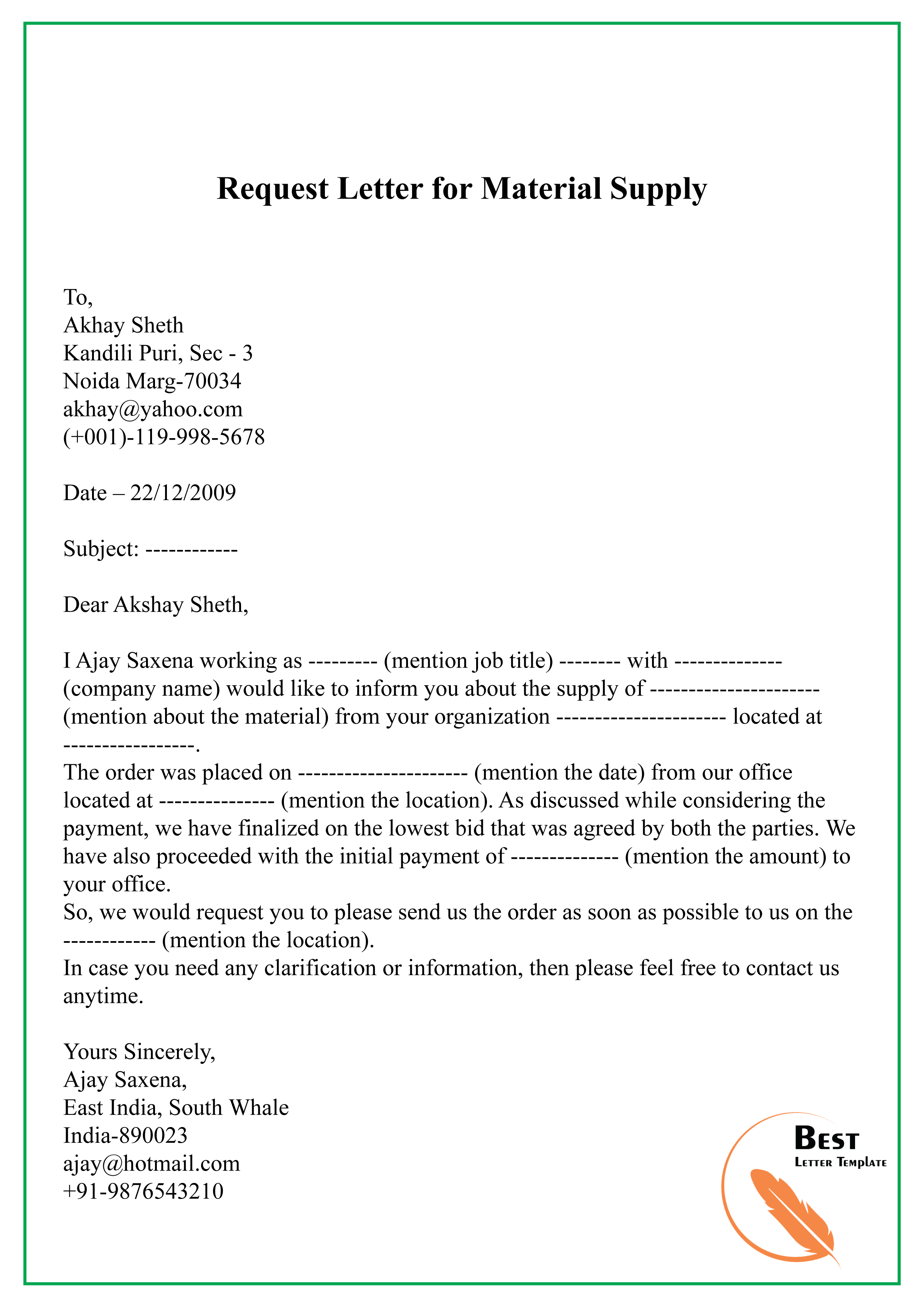 application letter for material supply
