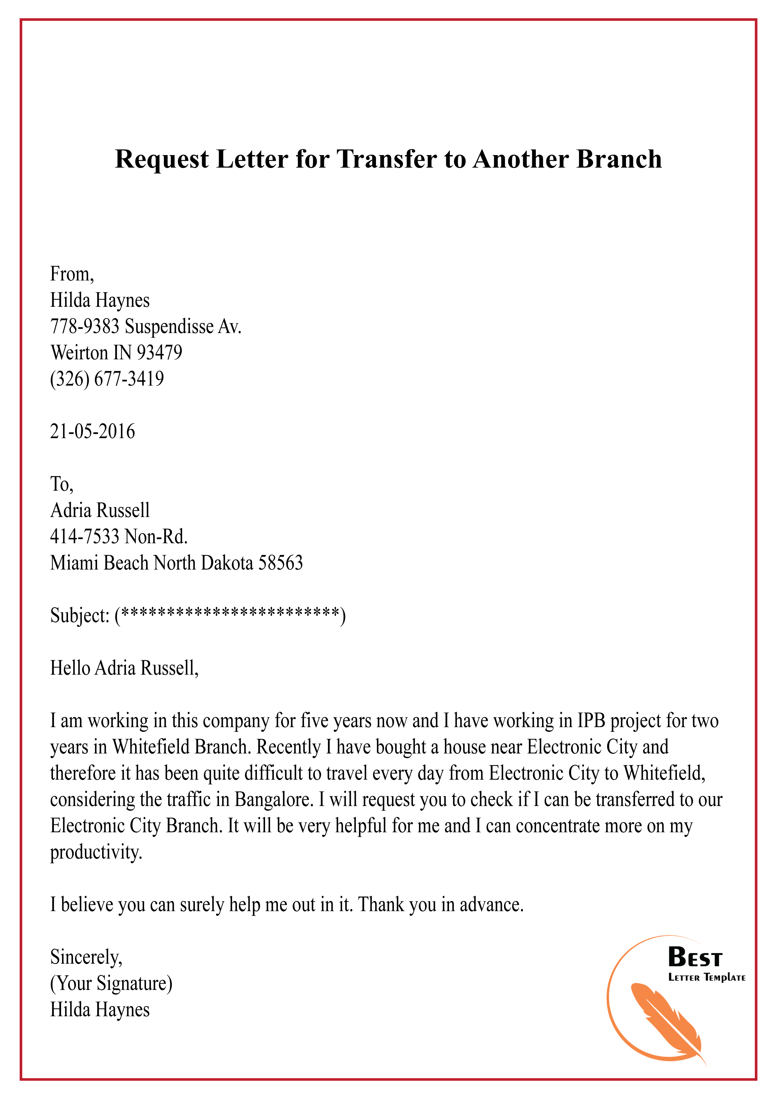 application letter for transfer account to another branch