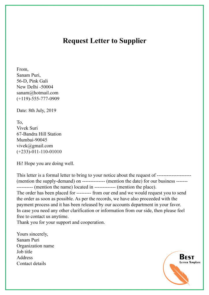 application letter for material supply
