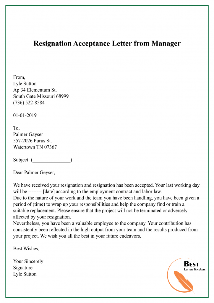 acceptance resignation letter template
