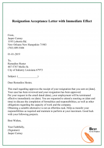 Resignation Acceptance Letter with Immediate Effect