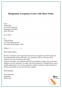 Resignation Acceptance Letter with Short Notice