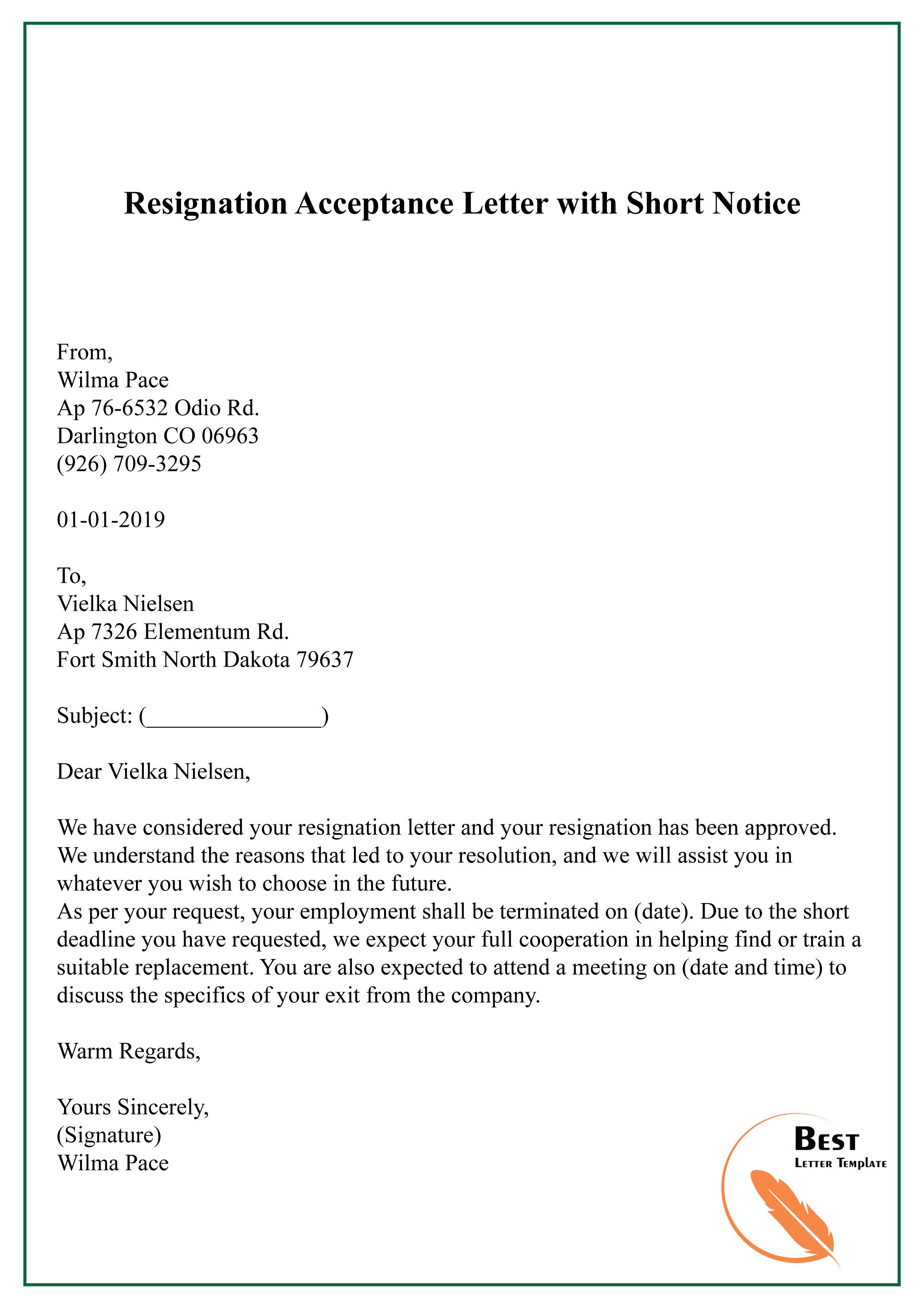 Acceptance Of Resignation Letter Format