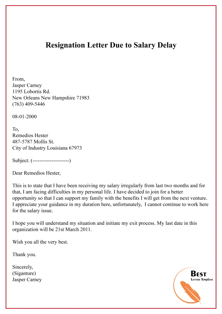 Resignation Letter Due to Salary Delay