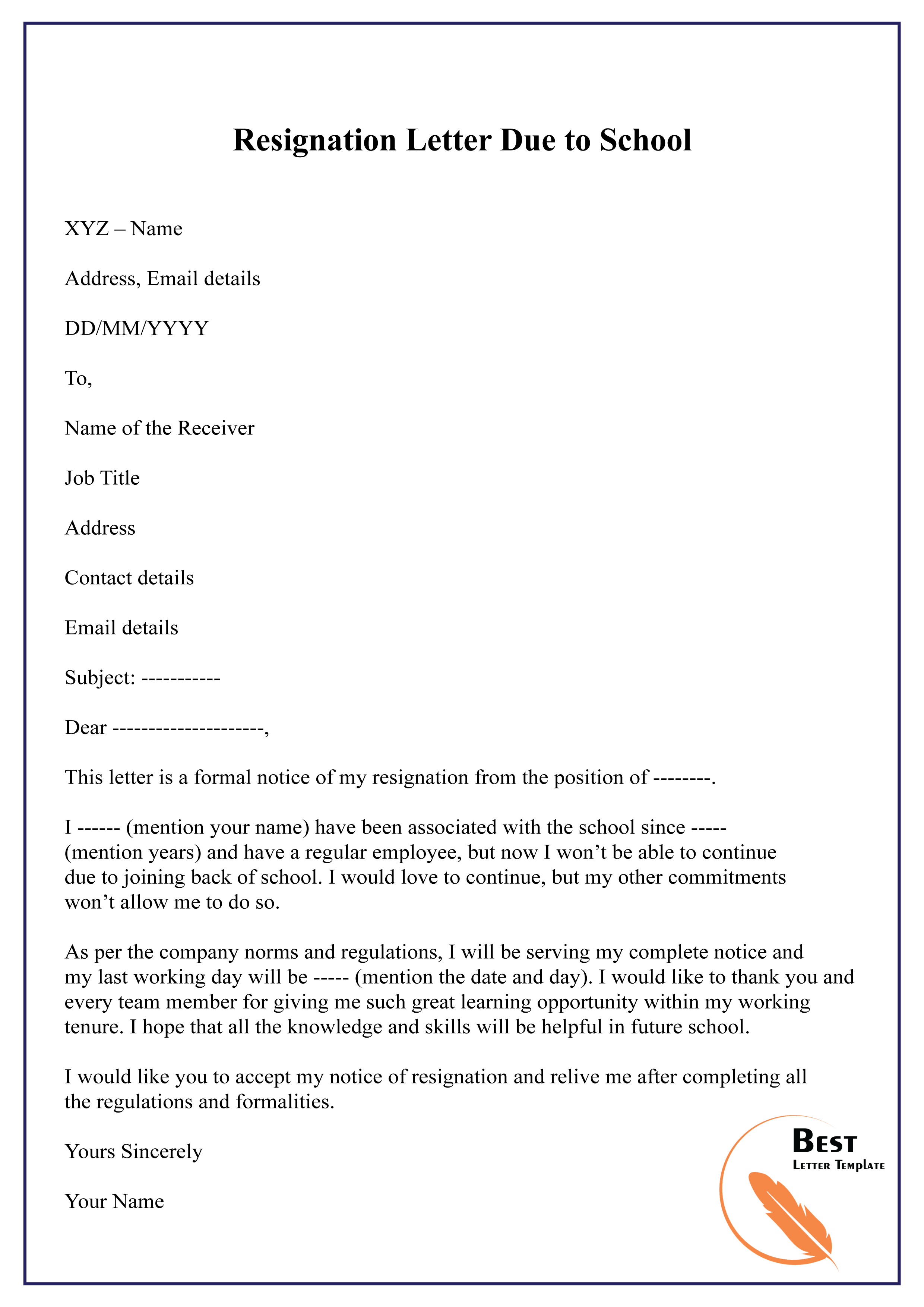 Resignation Letter Format In School Sample Resignation