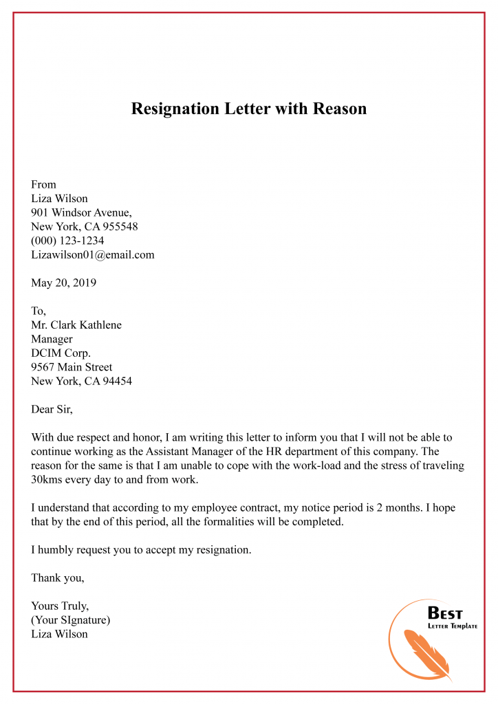 Resignation Letter with Reason