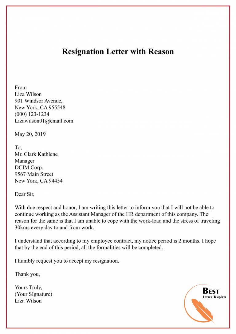 Resignation Letter Samples With Reason