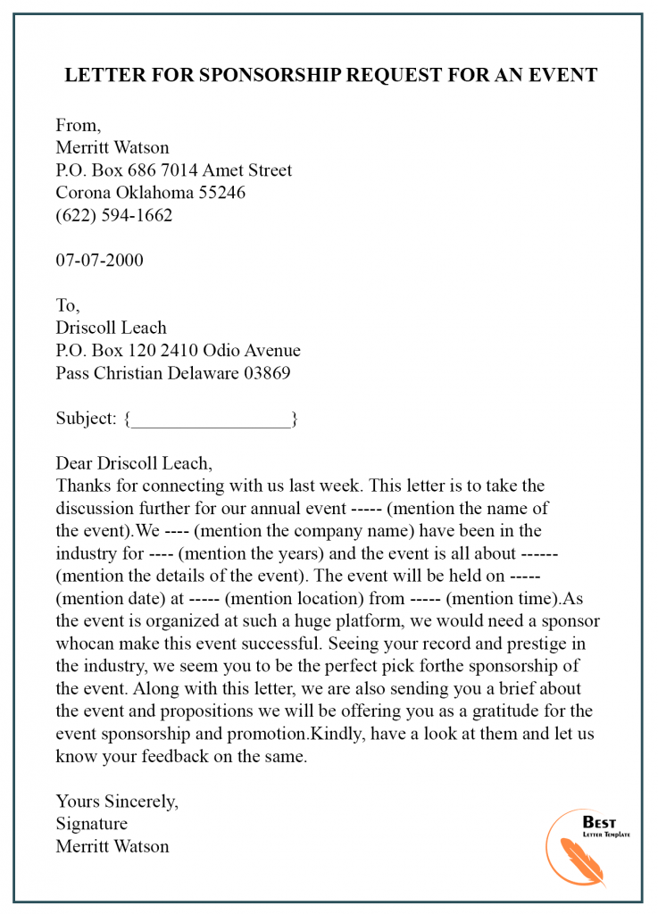 Event Sponsor Email Example Sponsorship Letter for Event Template- Format, Sample & Example