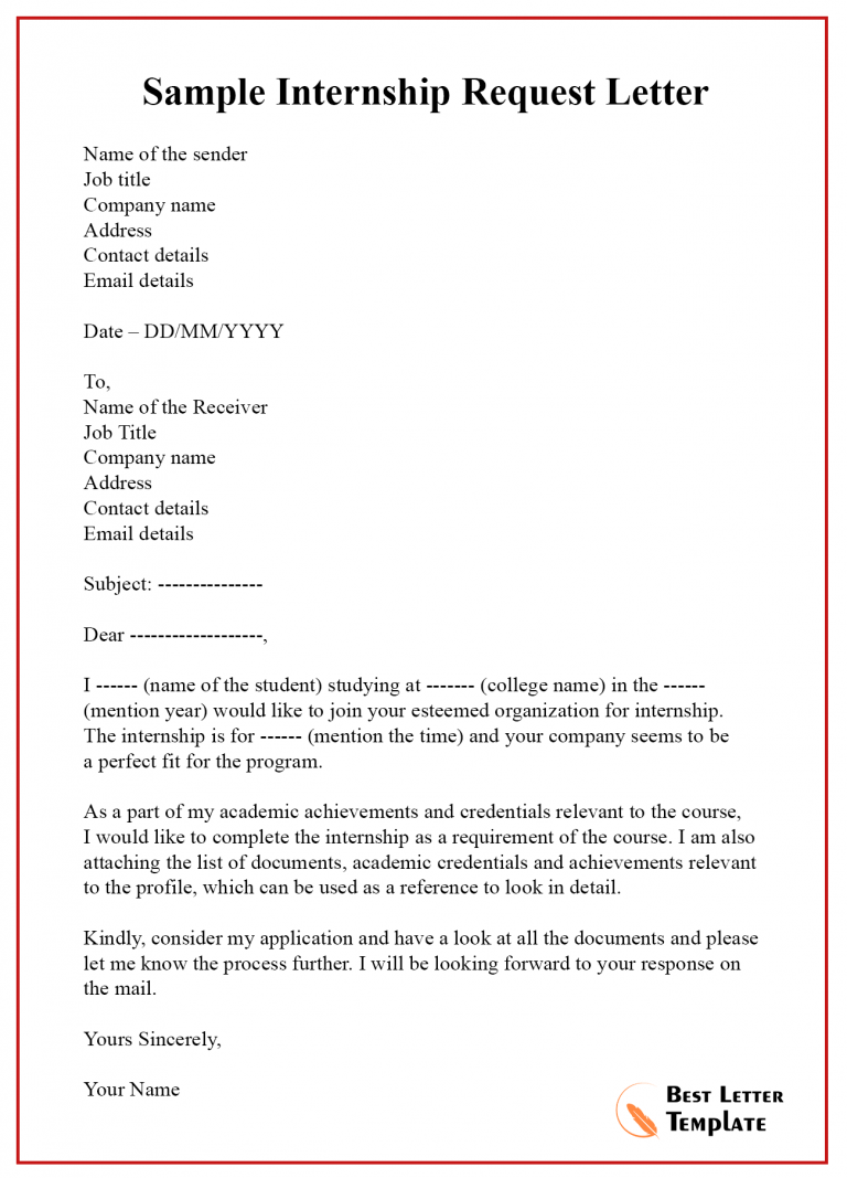 Request Letter Template for Internship Sample with Example
