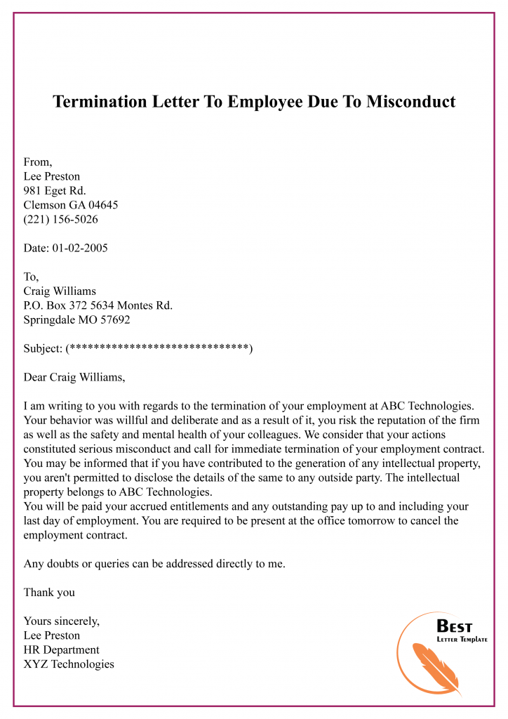 Termination Letter To Employee Due To Misconduct
