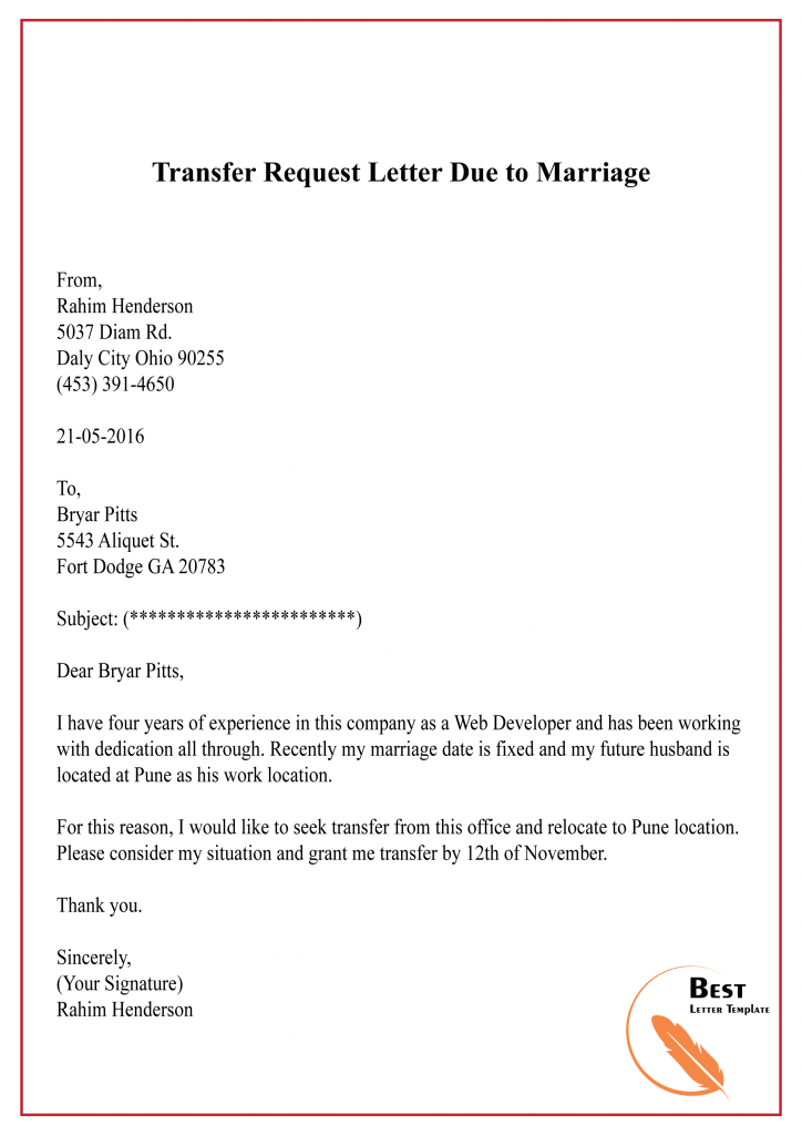 Transfer Request Letter Due to Marriage