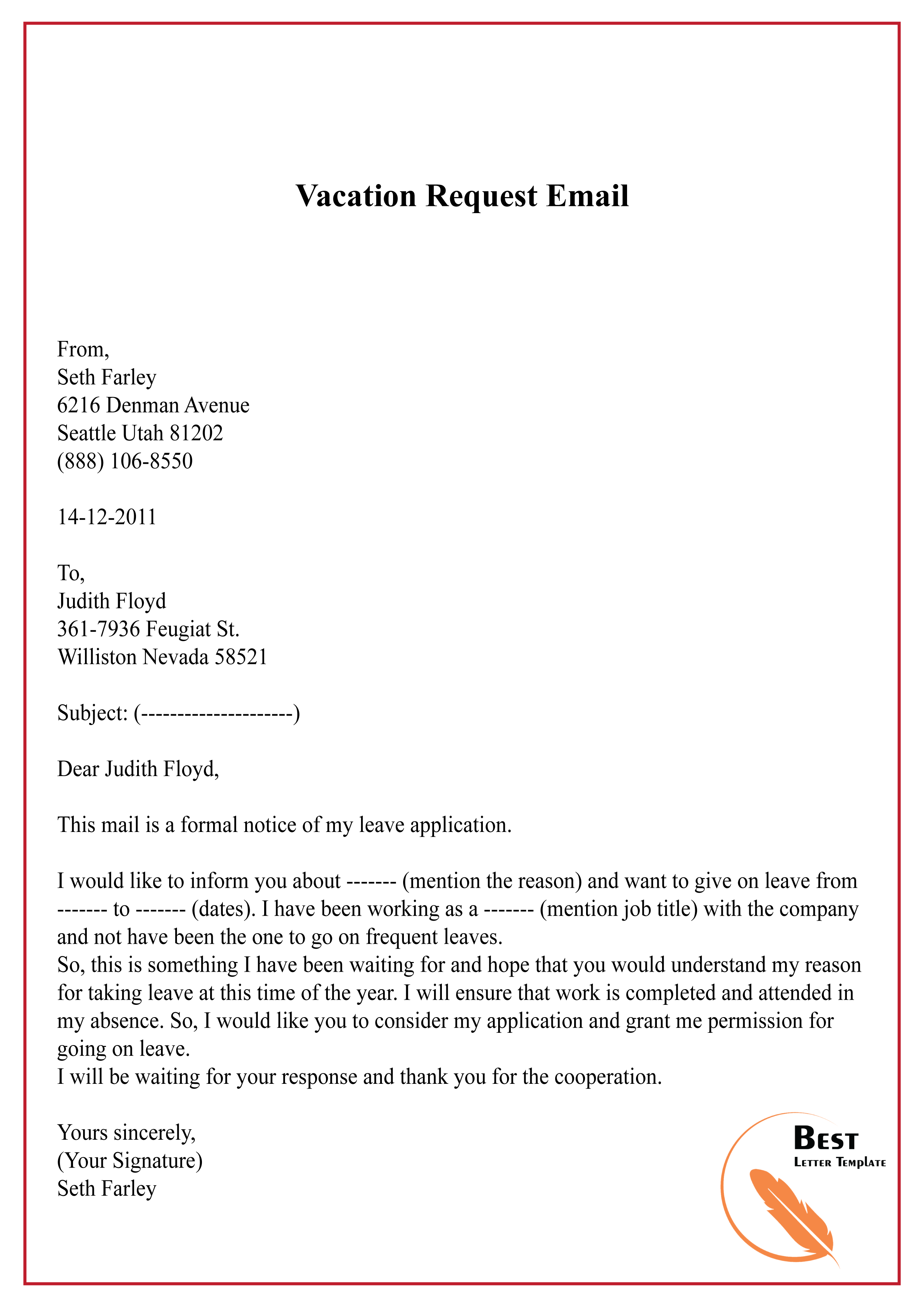 Request For Vacation Leave Sample Letter certify letter