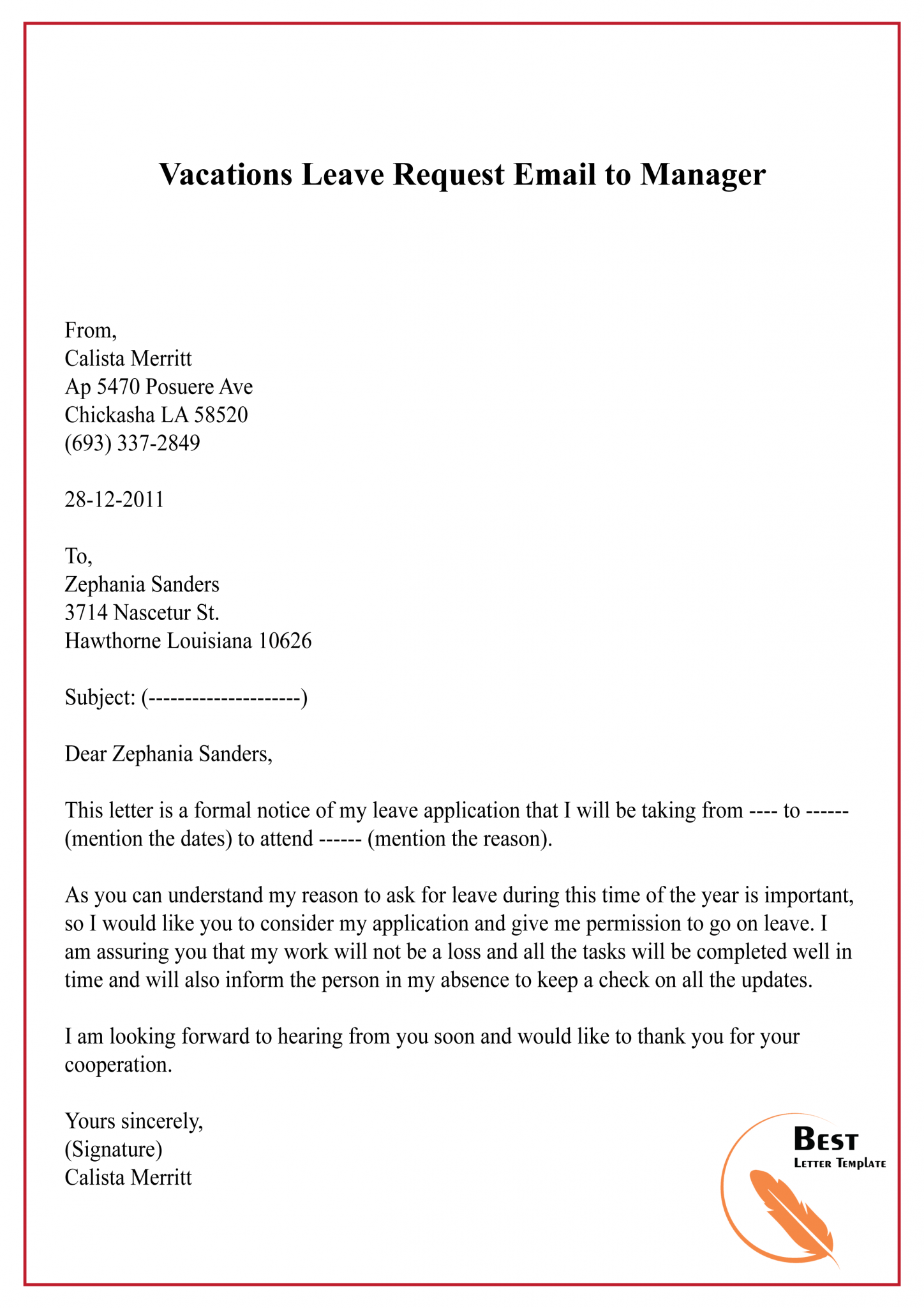 vacation application letter sample