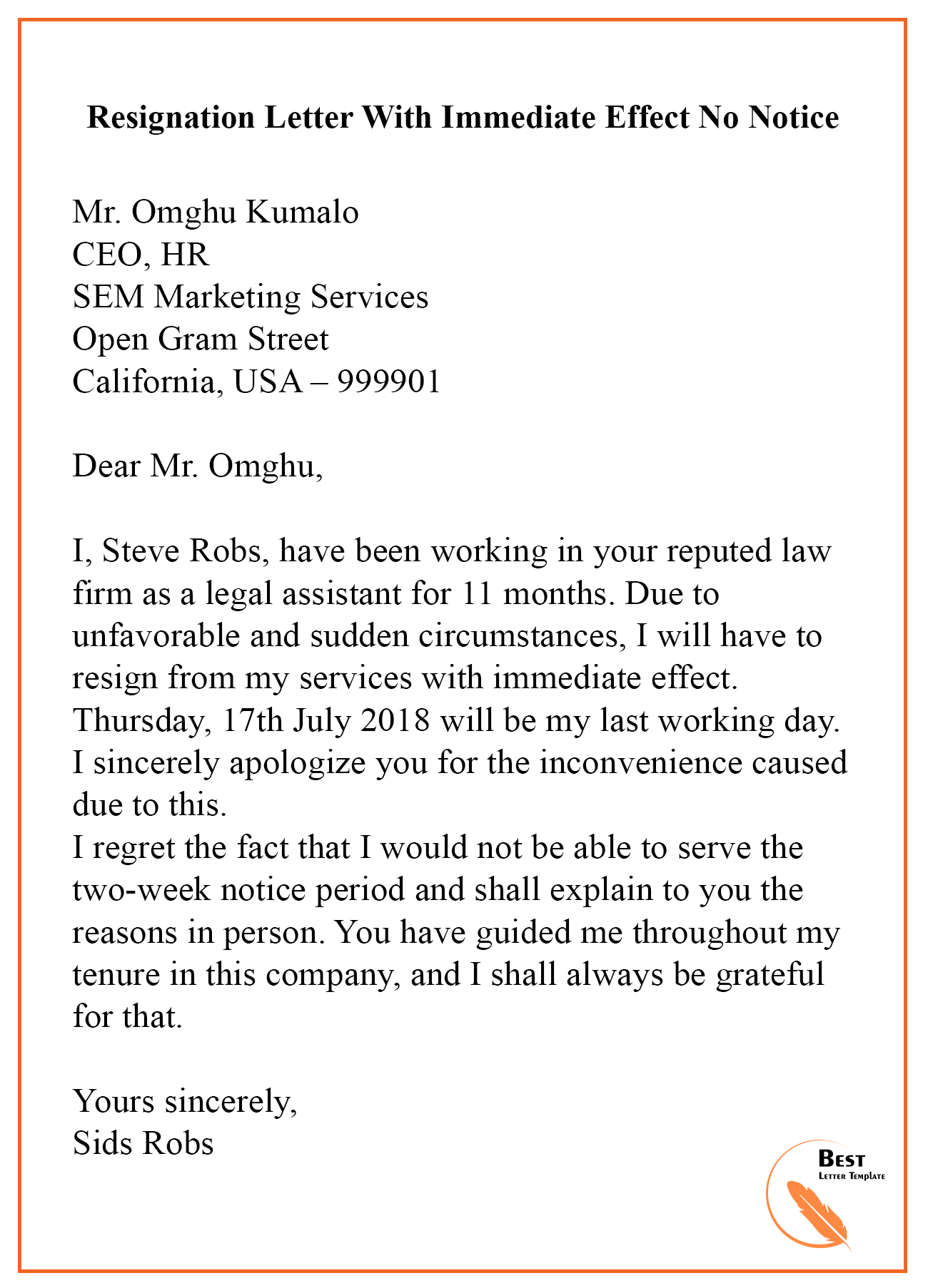 No Notice Resignation Letter from bestlettertemplate.com