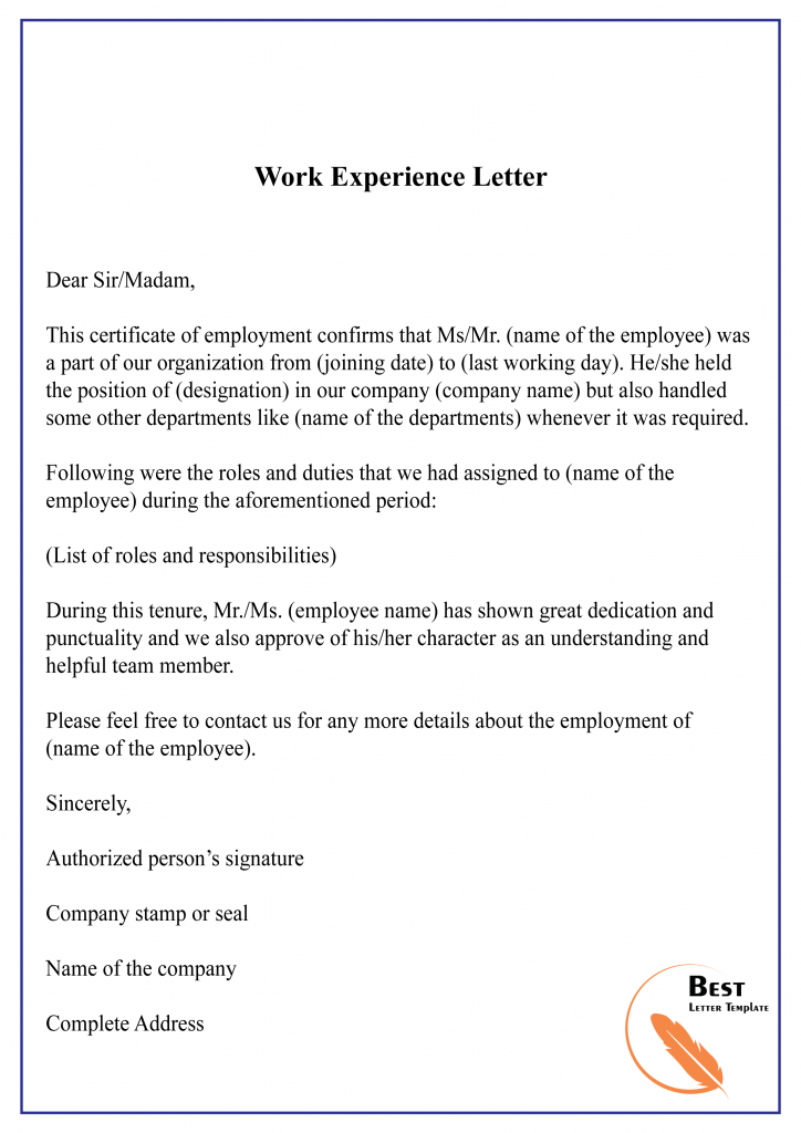 work experience letter content