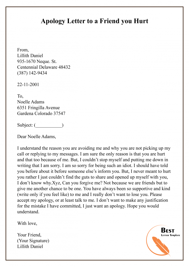 Apology Letter Template to a Friend Sample & Example