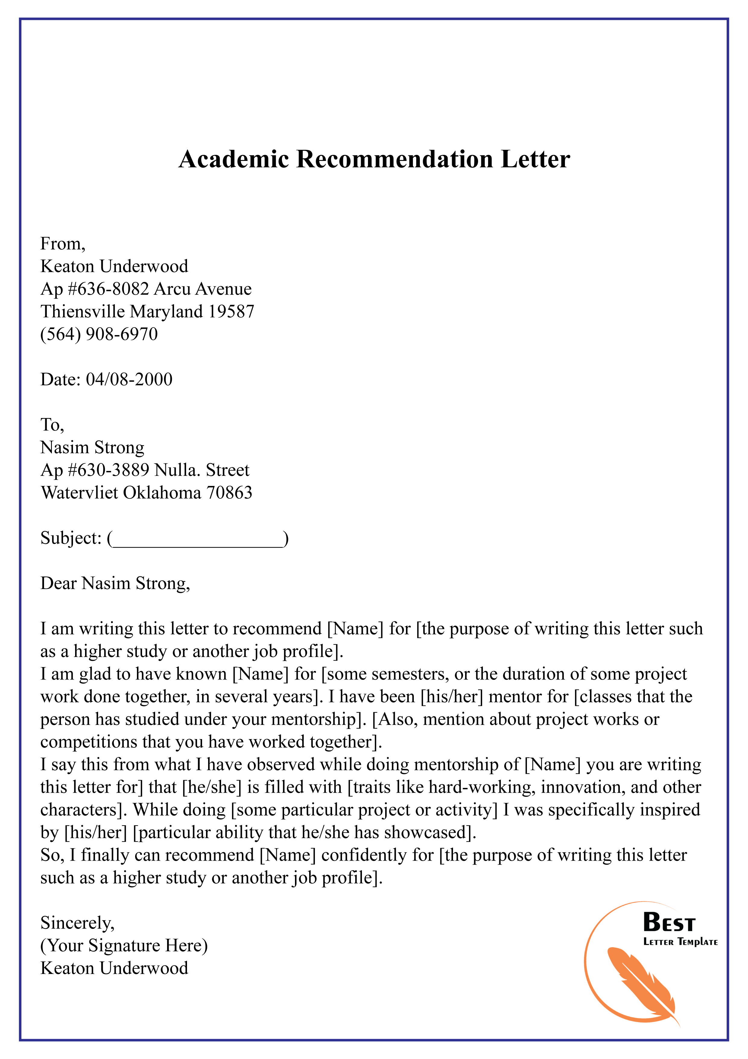 Academic Recommendation Letter Template from bestlettertemplate.com