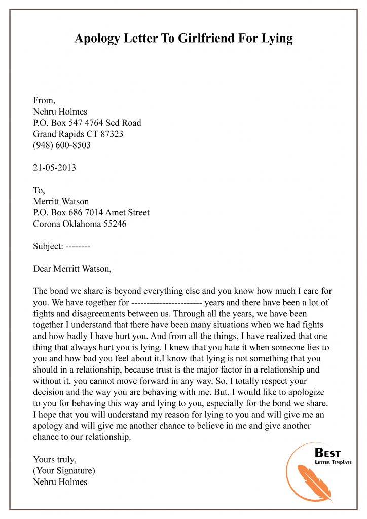 Apology Letter Template To Girlfriend Sample And Example