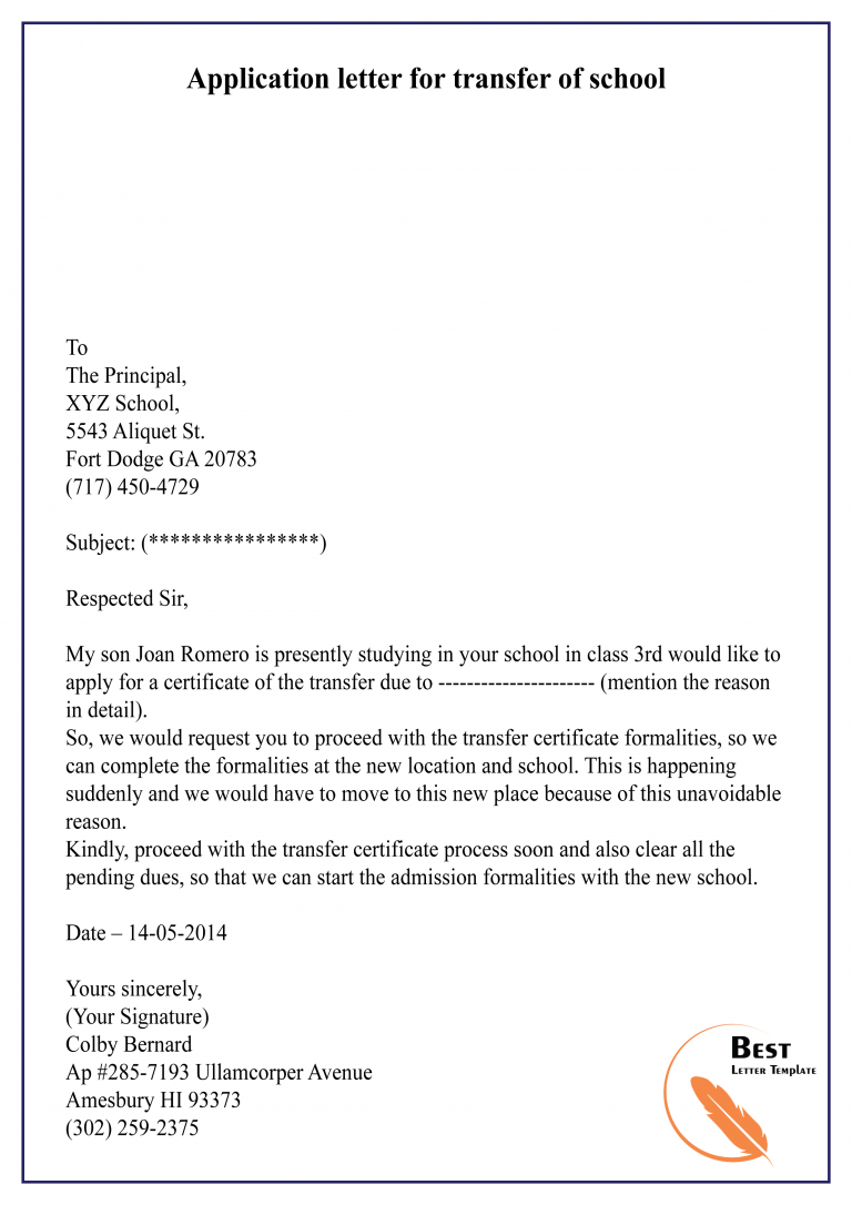 Transfer Letter Template For School Format Sample Example