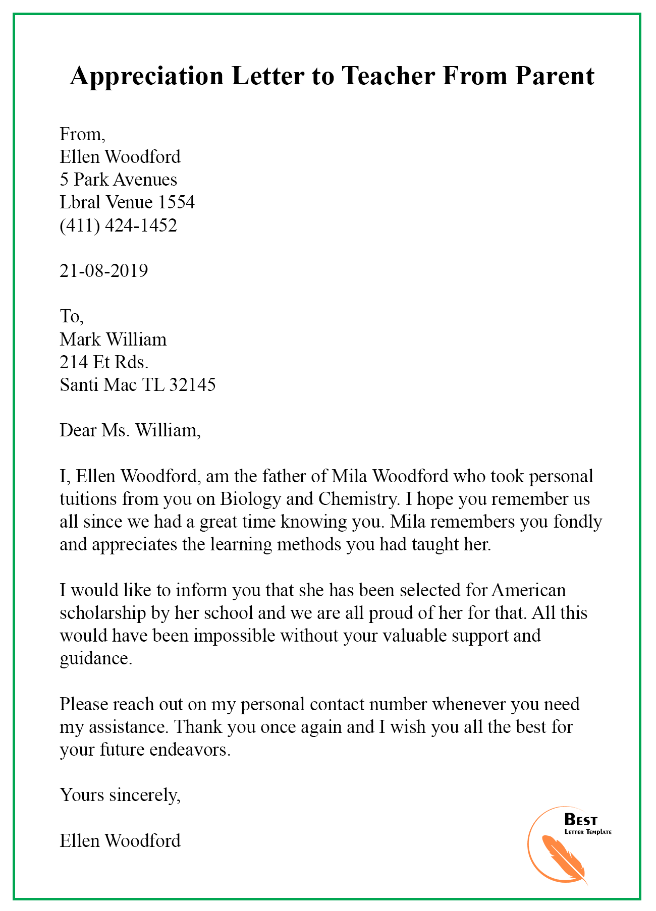 Appreciation Letter to the Teacher Format, Sample & Example