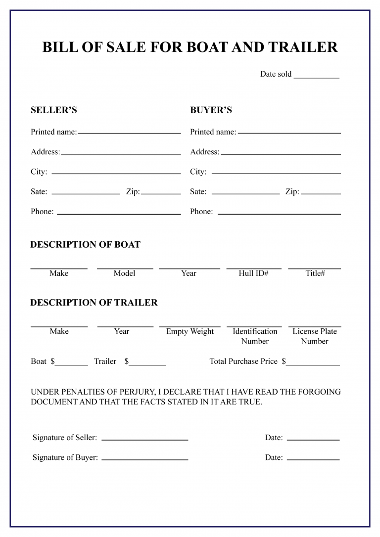 Bill of Sale Form Template for Car Boat Vehicle Word PDF