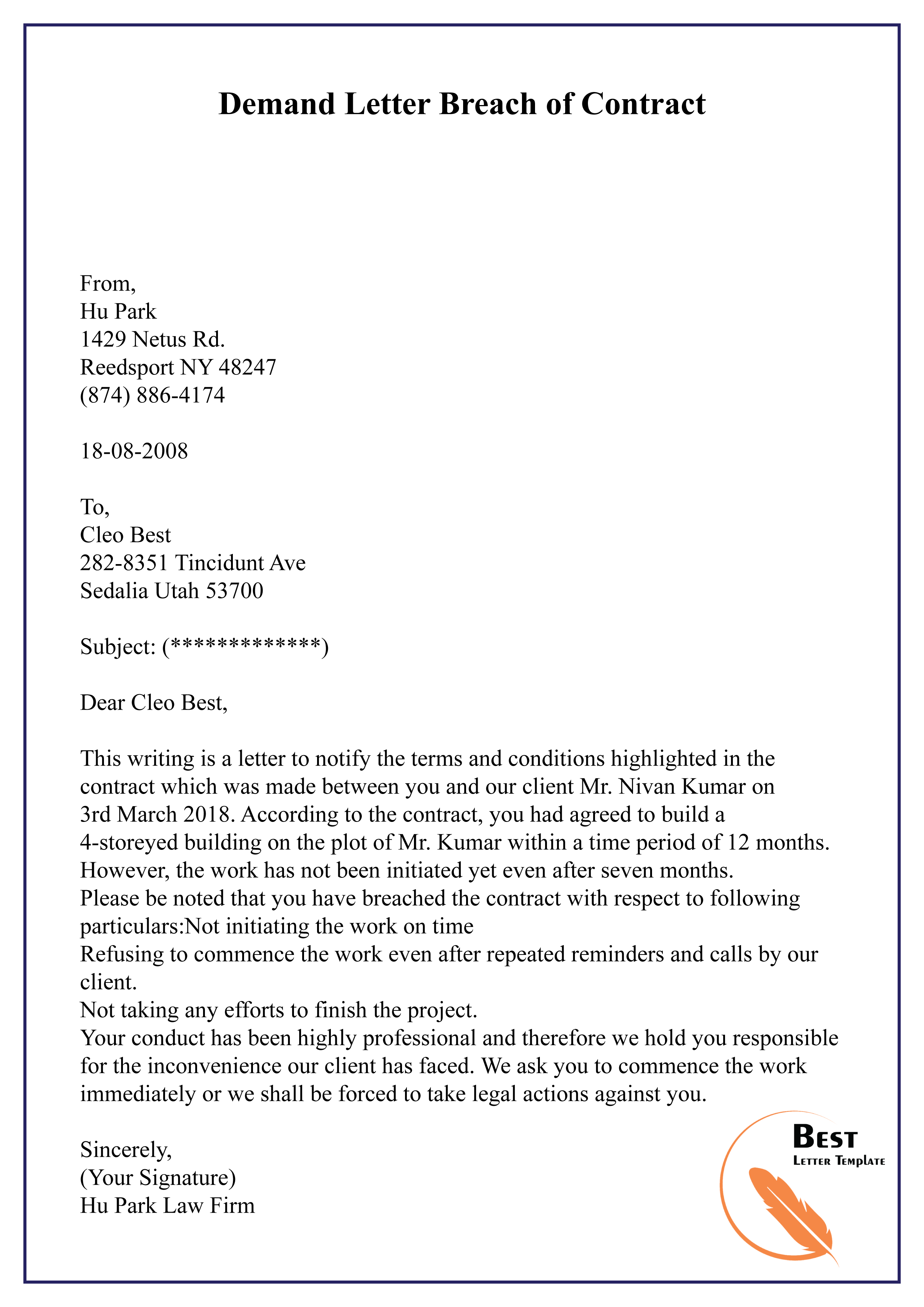 Demand Letter For Breach Of Contract