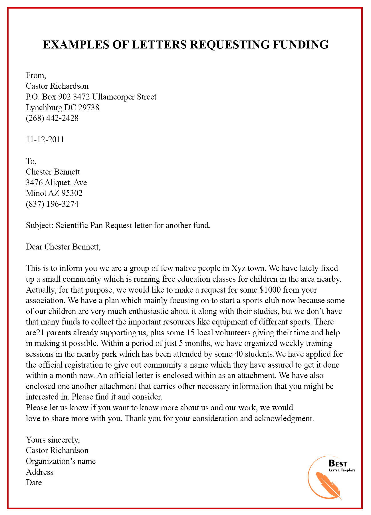 Request Letter Template For Funding Format Sample Examples