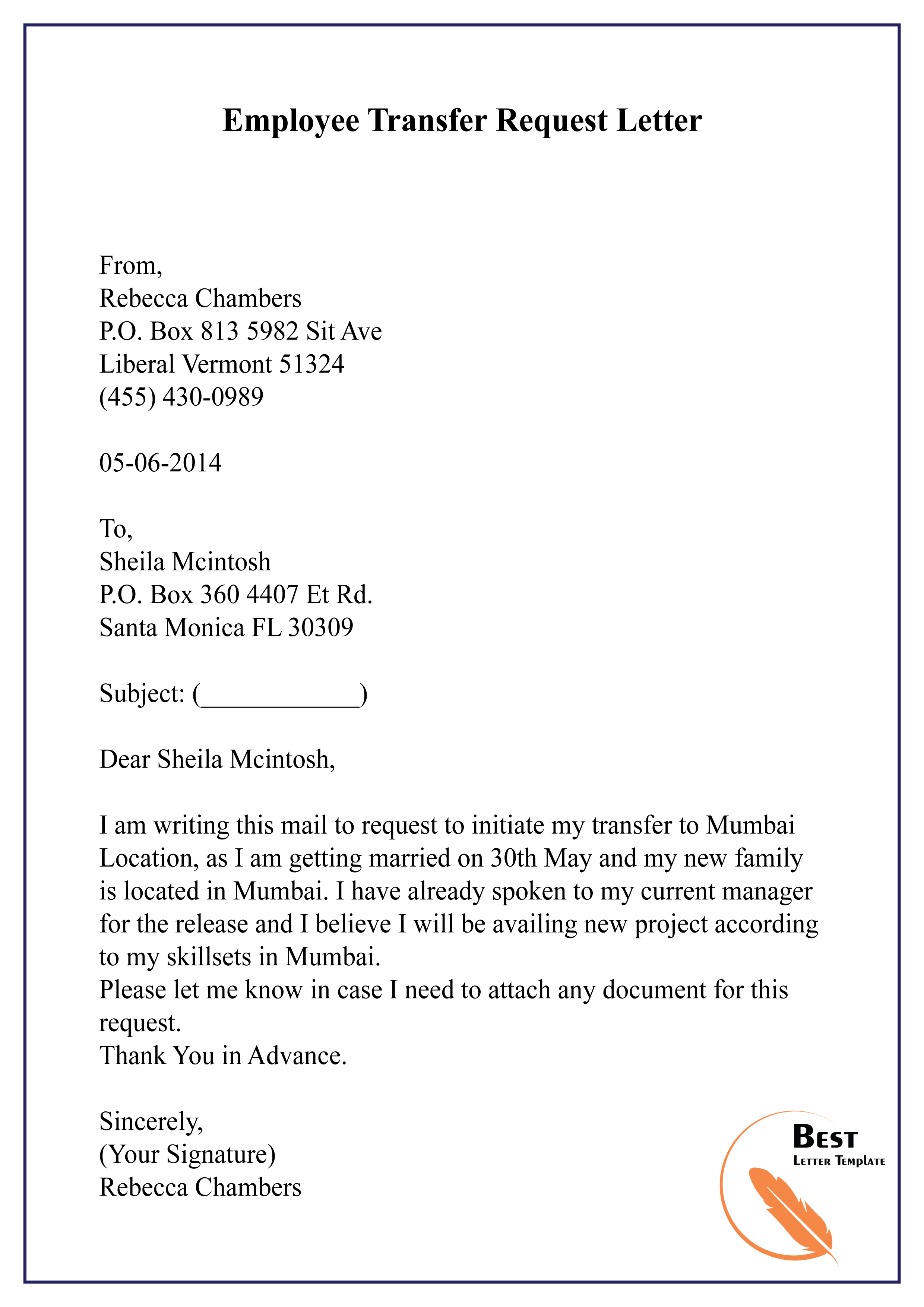 Sending request letter for job transfer