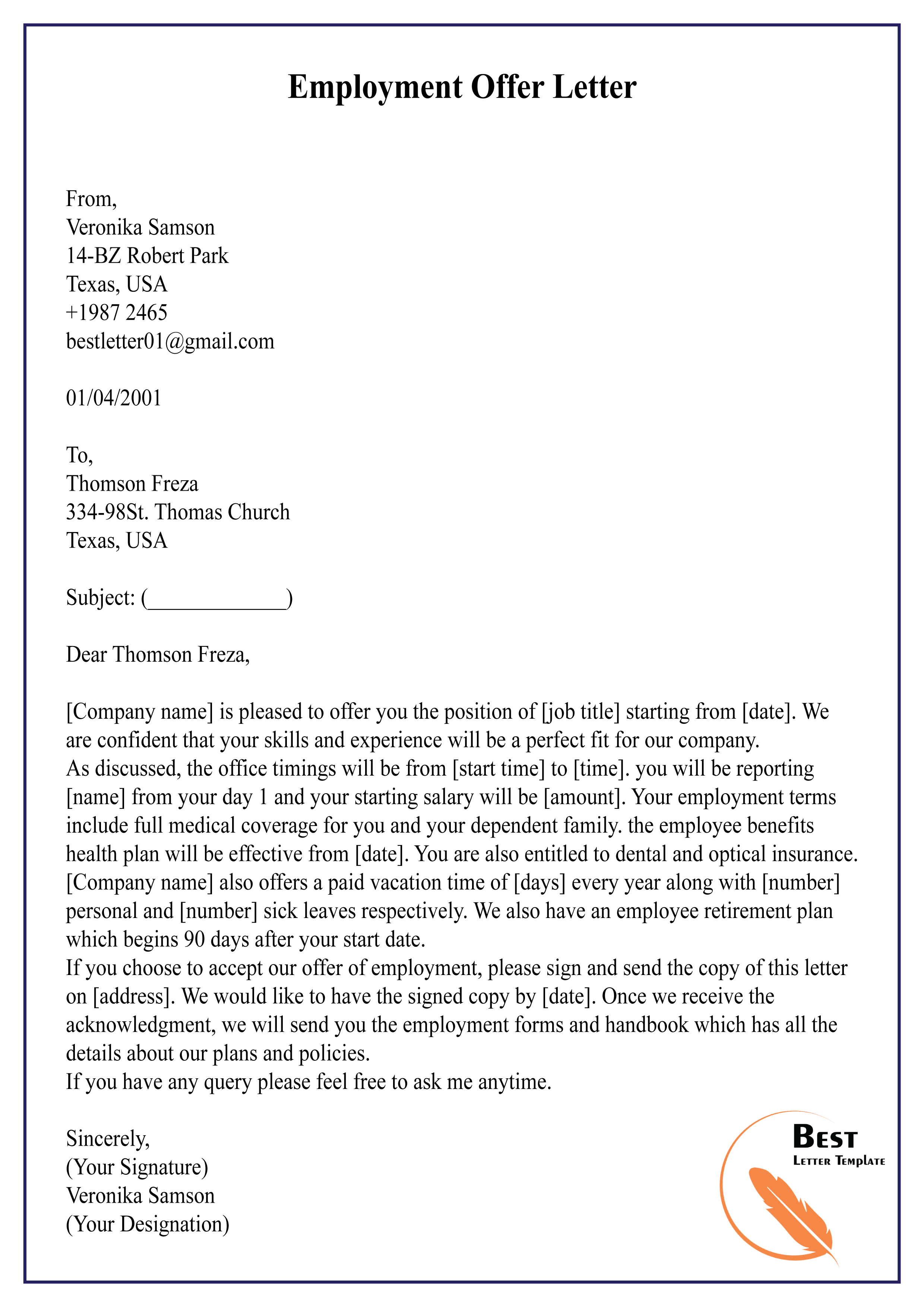 Free sample letter of job offers