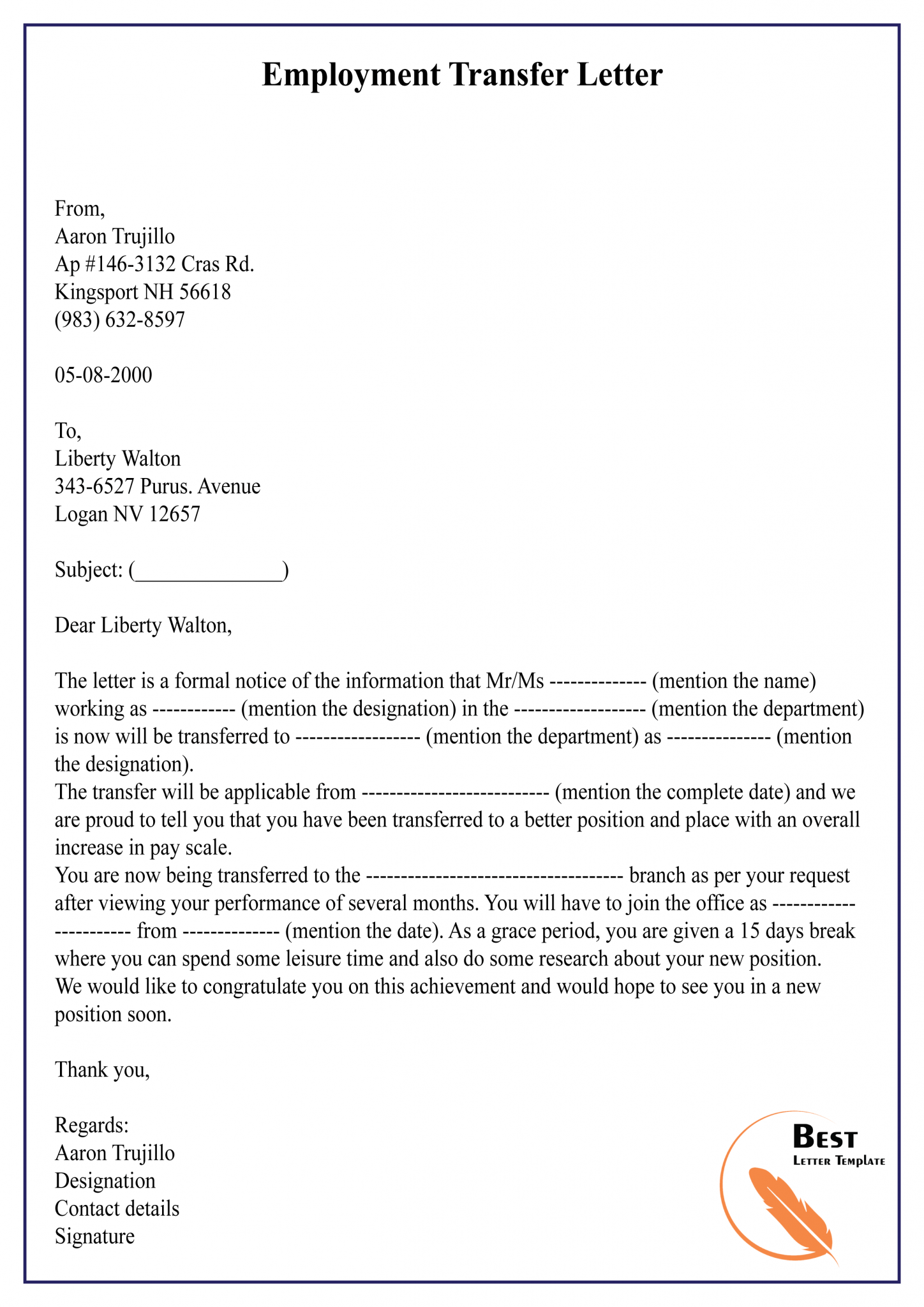 11  Free Transfer Letter Template Format Sample Example