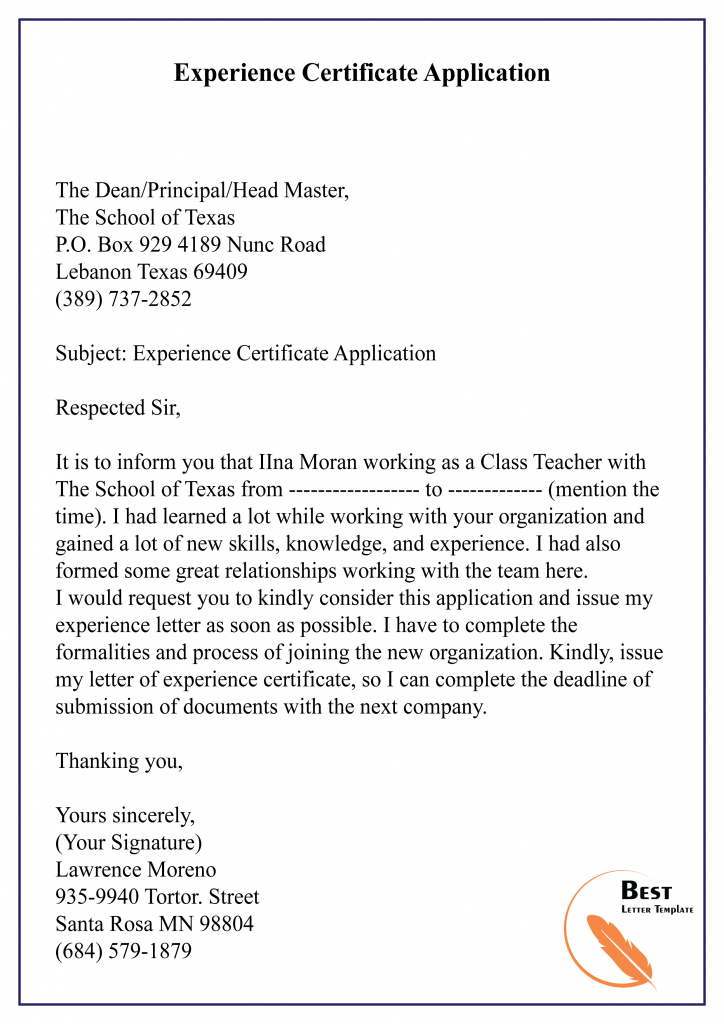 application letter for experience certificate to hr