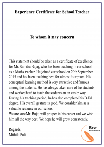 Experience Certificate for School Teacher